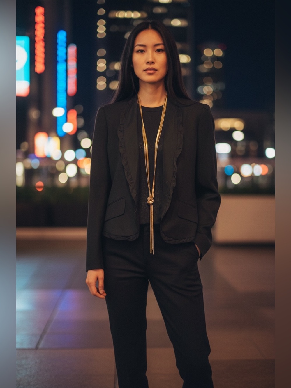 LOFT Black Ruffle-Trim Single-Button Blazer - Picture 2 of 13
